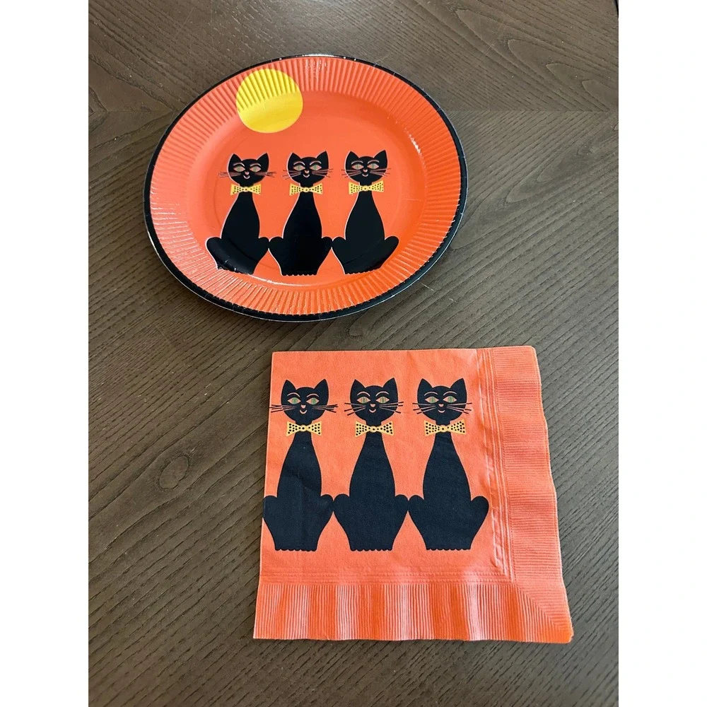 Vintage Halloween Black Cat Party Set Orange Plate and Napkin Mid Century Style